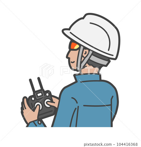 A worker / pilot who has a propo and operates a drone with sunglasses / helmet and safety equipment 104416368