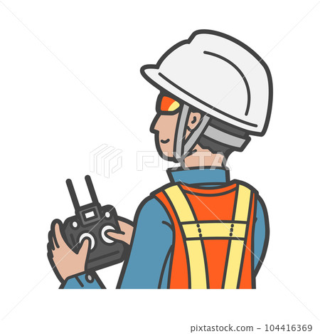 A worker / pilot who has a propo and operates a drone with sunglasses, a helmet, a fluorescent vest and safety equipment A worker / pilot who has a propo and operates a drone with sunglasses, a helmet, a fluorescent vest and safety equipment 104416369