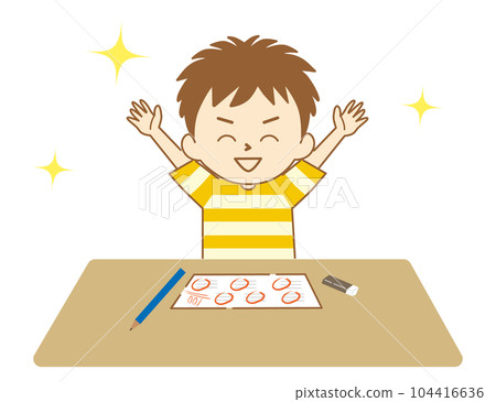 A boy who is happy to get 100 points in the test 104416636