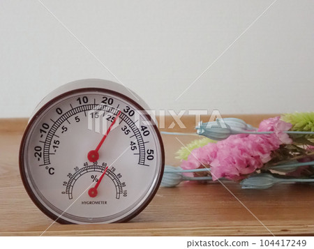 Simple thermometer/hygrometer and flowers with text space Simple thermometer/hygrometer and flowers with text space 104417249