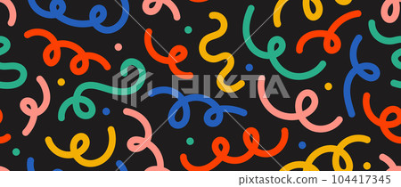 Abstract doodle lines seamless pattern. Bright colorful confetti and serpentine streamer repeating background. Cute childish scribble shapes and curved stripes wallpaper. Vector backdrop  104417345