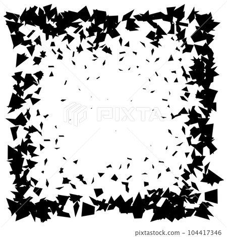 Debris and shatters in square shape. Black broken pieces, specks, speckles, particles, shivers. Abstract explosion and burst textured rectangular element. Vector frame illustration  104417346