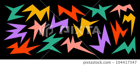 Colorful sharp irregular shapes on dark background. Abstract bright geometric edgy elements collection. Asymmetric angular forms for banners, collages, posters, stickers. Design bundle vector. 104417347