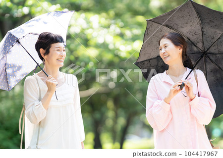 撐著陽傘行走的中年婦女 104417967