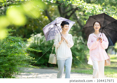 撐著陽傘行走的中年婦女 104417971