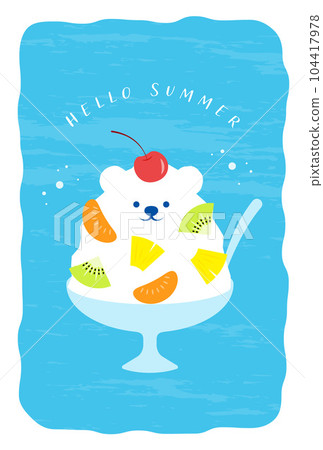 A background illustration for summer greeting cards of shaved ice in the shape of a polar bear with lots of fruits A background illustration for summer greeting cards of shaved ice in the shape of a polar bear with lots of fruits 104417978