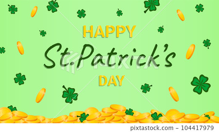 Vector illustration. Banner Happy St. Patrick s Day. Coins and clover. Vector illustration. Banner Happy St. Patrick s Day. Coins and clover. 104417979