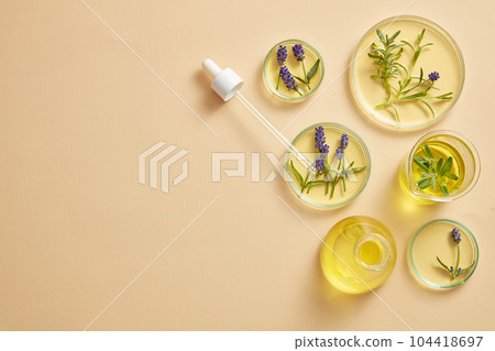 Petri dishes in many sizes are arranged with beaker, flask and a dropper on pastel background. Product extracted from Lavender (Lavandula) can be displayed in the left size Petri dishes in many sizes are arranged with beaker, flask and a dropper on pastel background. Product extracted from Lavender (Lavandula) can be displayed in the left size 104418697