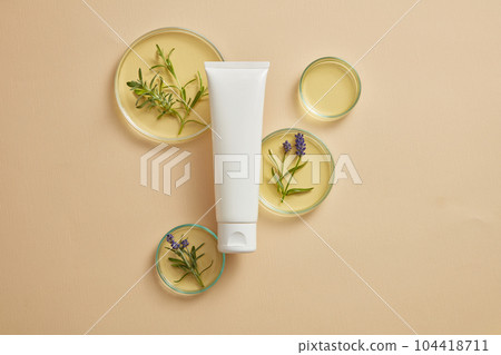 Minimal scene of unlabeled tube decorated with several petri dishes on beige background. Lavender (Lavandula) is also has antibacterial and antifungal properties 104418711