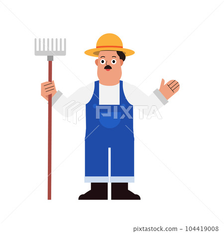 Happy farmer with pitchfork cartoon vector.Man with rake standing with isolated background Happy farmer with pitchfork cartoon vector.Man with rake standing with isolated background 104419008