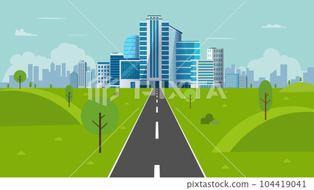 Nature landscape with cityscape on background vector illustration.Public park and town with sky background.Roadway to city buildings on horizon Nature landscape with cityscape on background vector illustration.Public park and town with sky background.Roadway to city buildings on horizon 104419041