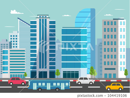 Cityscape with cars on road.Buildings in town with bus on street vector illustration.Urban landscape with office Cityscape with cars on road.Buildings in town with bus on street vector illustration.Urban landscape with office 104419106