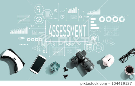 Assessment concept with electronic gadgets and office supplies 104419127