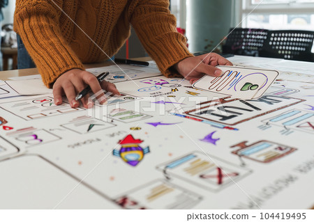 Close up ux developer and ui designer brainstorming interface wireframe design.Creative digital development agency Close up ux developer and ui designer brainstorming interface wireframe design.Creative digital development agency 104419495