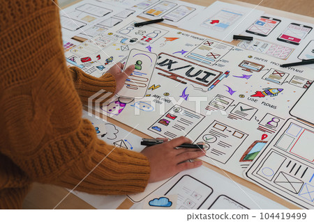 Close up ux developer and ui designer brainstorming interface wireframe design.Creative digital development agency 104419499