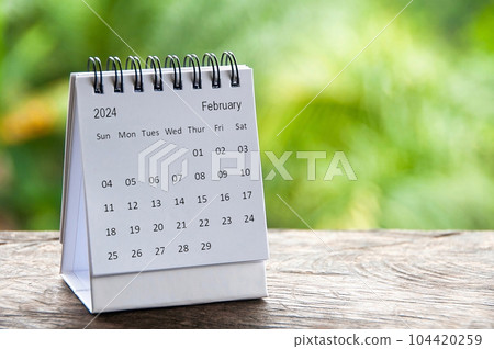 February 2024 table calendar with customizable space for text. Calendar concept and copy space. 104420259