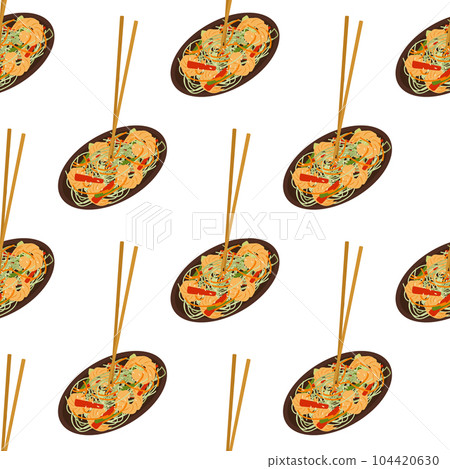 Seamless pattern of Asian food. Salad with shrimp funchosa and vegetables on a plate on a white background. Wallpaper, background, flyer, fabric design. Vector illustration. 104420630