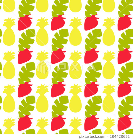 Seamless summer color pattern of abstract shapes.Silhouette of strawberry, pineapple, and palm leaf. Background design, packaging, fabric. Vector illustration... Seamless summer color pattern of abstract shapes.Silhouette of strawberry, pineapple, and palm leaf. Background design, packaging, fabric. Vector illustration... 104420631