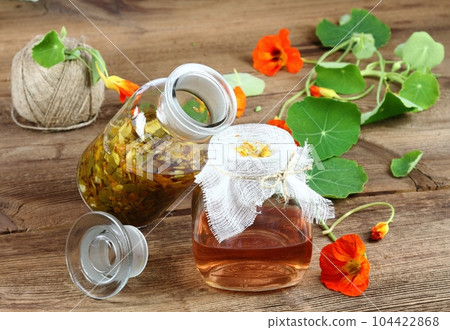 Filtering tincture from Tropaeolum majus, also called garden nasturtium or Indian cress Filtering tincture from Tropaeolum majus, also called garden nasturtium or Indian cress 104422868