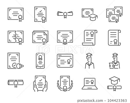 Certificate icon set. It included diploma, certificated, authorization, verification, and more icons. Editable Vector Stroke. 104423363