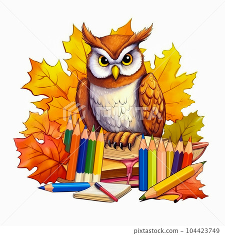Illustration of an owl with school supplies. The concept of school education. Generative AI Illustration of an owl with school supplies. The concept of school education. Generative AI 104423749