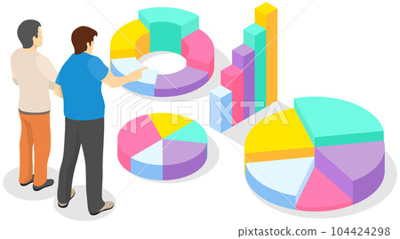 Employees analyze statistical indicators, business data. Characters work with marketing research Employees analyze statistical indicators, business data. Characters work with marketing research 104424298