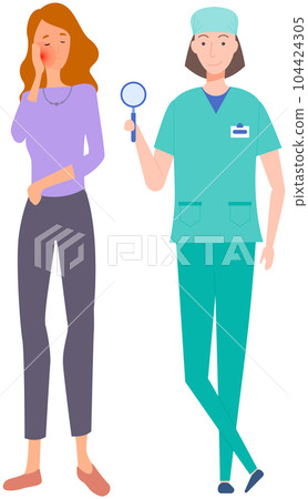 Woman with pain in mouth in consultation with doctor. Dentist consults patient with toothache Woman with pain in mouth in consultation with doctor. Dentist consults patient with toothache 104424305