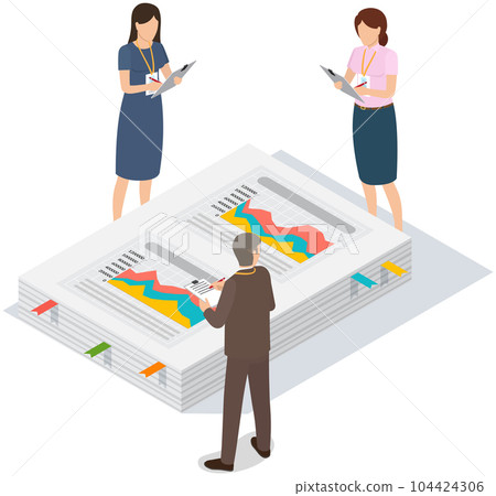 Characters work with business research and data analysis. Businesspeople discuss statistical report Characters work with business research and data analysis. Businesspeople discuss statistical report 104424306