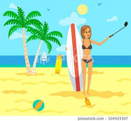 Woman with surfboard is making selfie. Girl surfing and posing for self portrait on summer vacation 104424307
