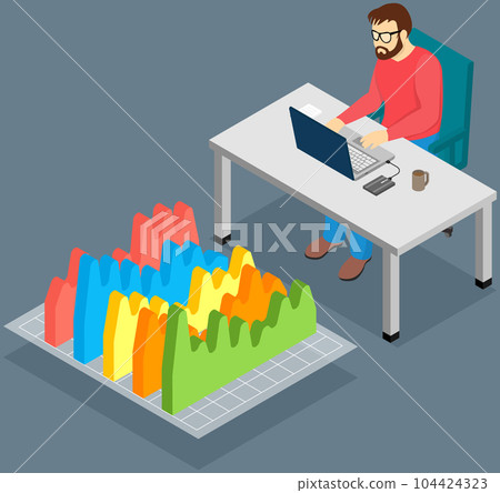 Employees analyze statistical indicators, business data. Characters work with marketing research 104424323