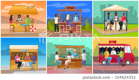 Drinking coffee and eating in street cafe. Friends meeting. Crowded outdoor restaurant or bar in city 104424352
