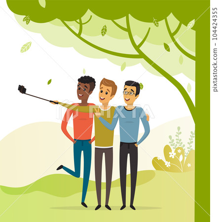 Men with phone on monopod are posing for joint photo. Friends taking selfie with smartphone 104424355