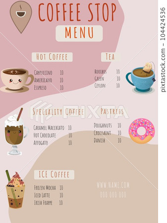 Illustration of coffee stop menu with list of coffee, tea, pastries and drawings of coffee, donut 104424536
