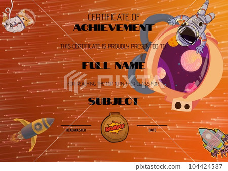 Illustration of certificate of achievement, this certificate is proudly presented to full name text 104424587