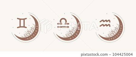 Gemini, libra, aquarius. Air zodiac signs in boho style. Astrological icons on white background. Mystery and esoteric. Horoscope vector illustration. Spiritual symbols for tarot cards, calendars 104425004