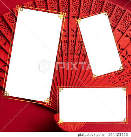 Three picture or text holding rectangular spaces with delicate gold borders on red fan background Three picture or text holding rectangular spaces with delicate gold borders on red fan background 104425323