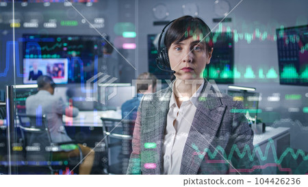 Businesswoman looks at 3D abstract AI animation of real-time stocks Businesswoman looks at 3D abstract AI animation of real-time stocks 104426236