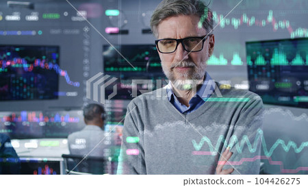 Financial analyst in broker agency office. 3D animation of real-time stocks Financial analyst in broker agency office. 3D animation of real-time stocks 104426275