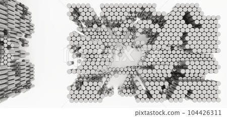 Luxury parametric abstract architectural minimalistic background. Contemporary showroom. Modern black exhibition tunnel. Empty gallery. Stand, table. Interior backlight. 3D illustration and rendering. 104426311