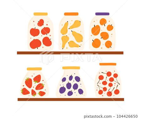 A set of jars with homemade jam. Vector illustration in a flat style. Hand drawn homemade fruit marmalade. 104426650
