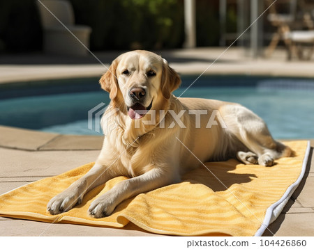 dog lying on towel at edge of swimming pool 104426860