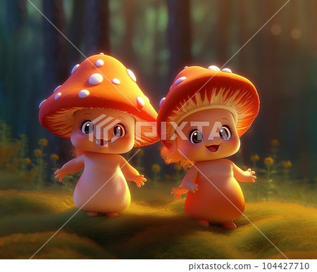 two friends cute and funny baby mushrooms. cartoon style 104427710
