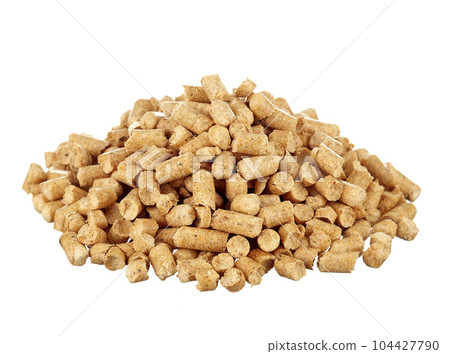 Pressed pellets of wood sawdust for a cat's toilet, piled up, isolated on a white background. Eco-friendly biodegradable product. Pressed pellets of wood sawdust for a cat's toilet, piled up, isolated on a white background. Eco-friendly biodegradable product. 104427790