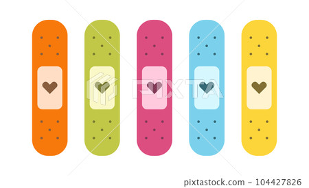 Flat cute set of band aids illustrations with hearts. Flat cute set of band aids illustrations with hearts. 104427826