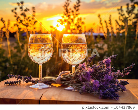 lemonade and lavender flowers on sunset background 104427869