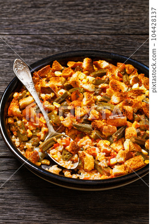 retro okra and rice casserole in baking dish retro okra and rice casserole in baking dish 104428137