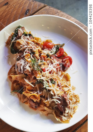 Top view of spaghetti pasta with meat Top view of spaghetti pasta with meat 104428398