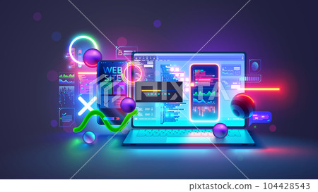 Website software development concept. Web design site and mobile app on laptop, testing on phone. Code on screen laptop, loading on smartphone from cloud storage. Computer software technology banner. Website software development concept. Web design site and mobile app on laptop, testing on phone. Code on screen laptop, loading on smartphone from cloud storage. Computer software technology banner. 104428543