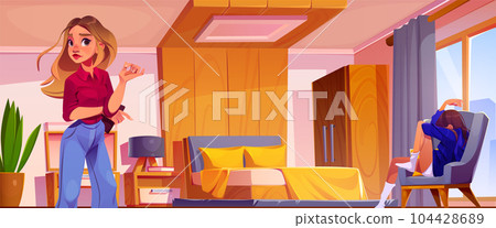 Upset teen in bedroom with sad mother illustration 104428689