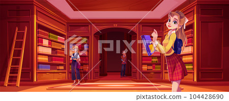 School library room with bookshelf and student 104428690